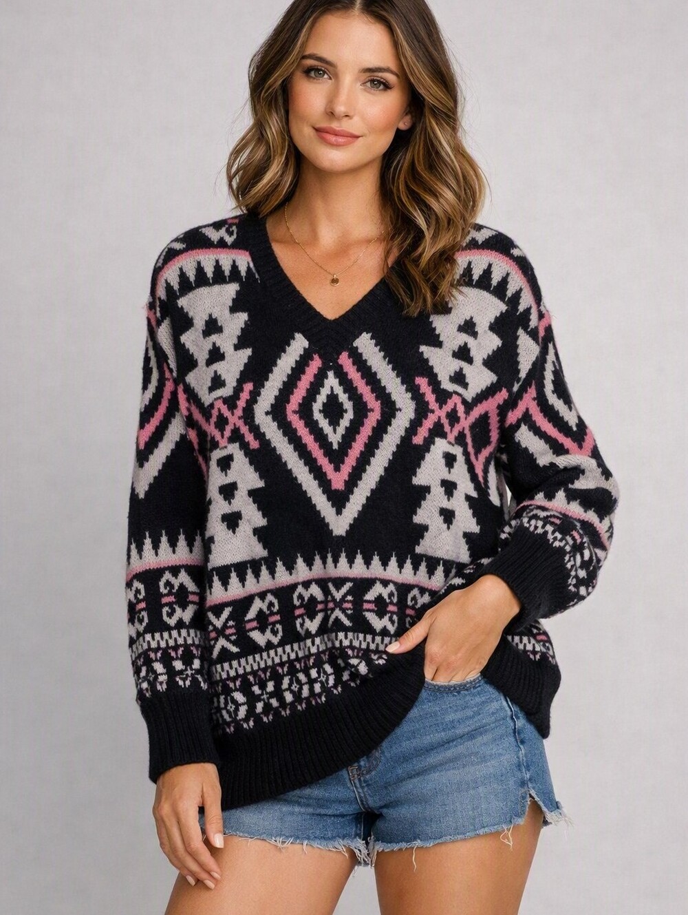 Bluivy Sweater Women's Size Medium/LG Blue Pink Long Sleeve Soft Christmas